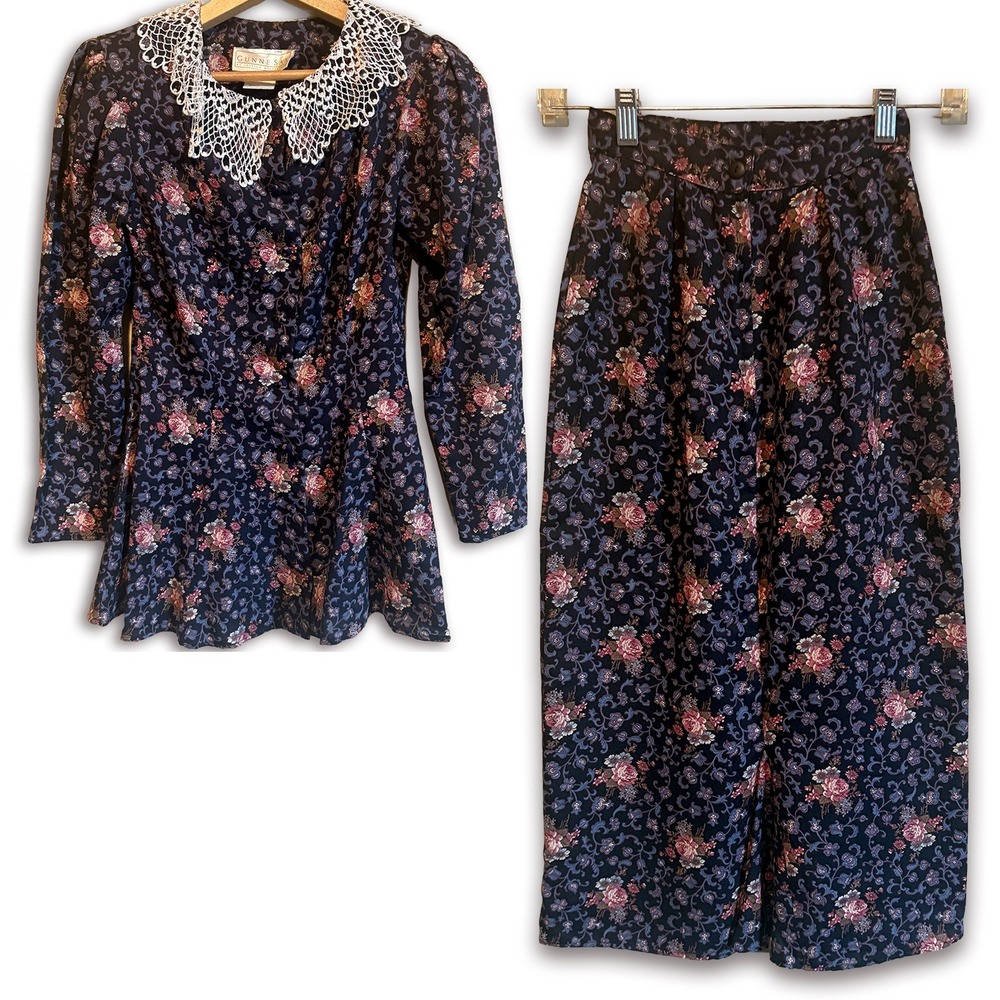 Gunne Sax Jessica McClintock Vtg Floral Prairie Cottagecore Blouse Skirt Set 3